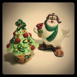 Fitz and Floyd Snowman Christmas Tree Holiday Salt & Pepper Shaker Set